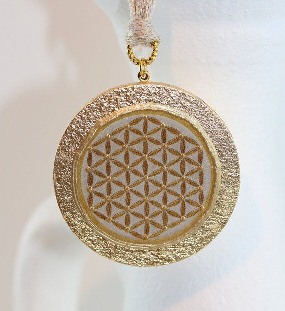 Unique Necklace with Leaf Gold Gilded Flower of Life Pendant, Precious Sacred Geometry Womens Jewelry in Cream Beige Gold, Gift for Healer