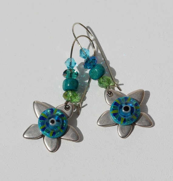 Teal Blue Earrings with Star Flowers and Good Luck Eyes, Lucky Charm Ear Jewelry for Women, Mediterranean Boho Inspired Gift Idea for Her