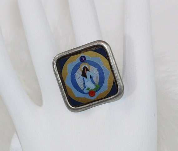 Archangel Haniel Ring with Square Bezel, Angelic Icon Statement Ring for Her or Him in Blue, Gift for Woman or Man