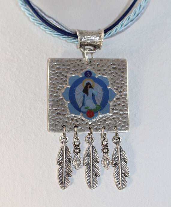 Dream Catcher Necklace with Archangel Haniel in Sqare Pendant, Unique Boho Style Angel Jewelry in Light Sky Blue Silver and Gift for Her