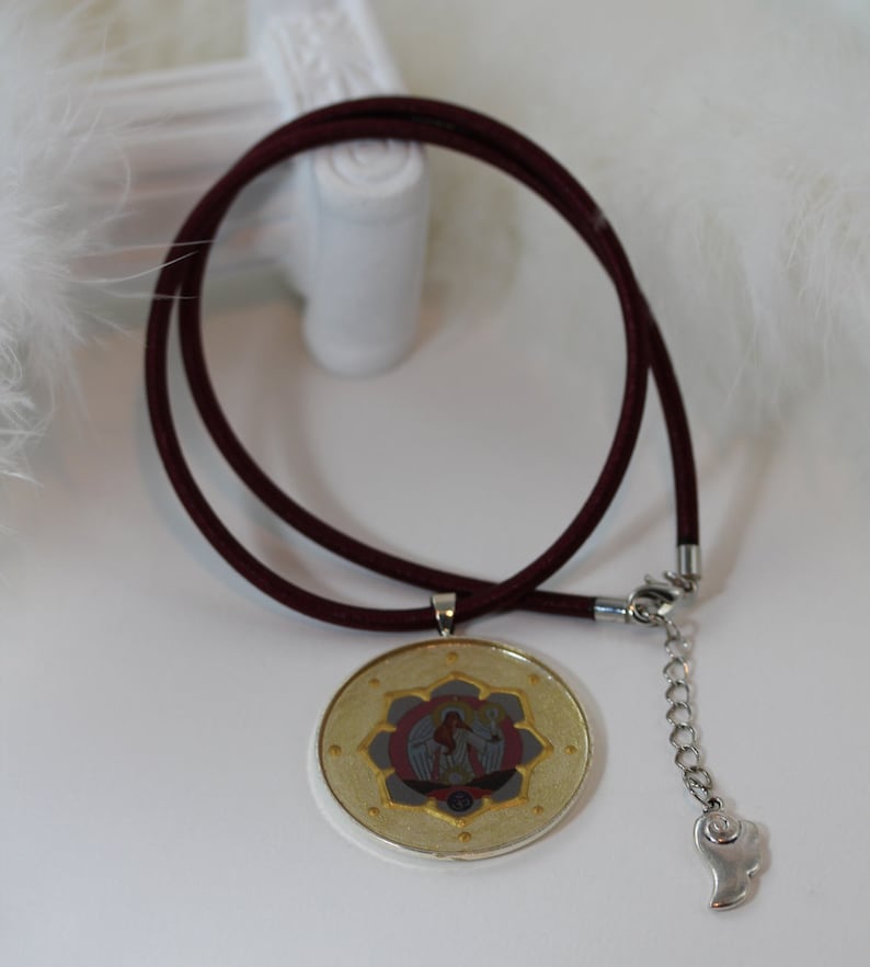 Hand Painted Archangel Azrael Pendant Jewelry and Gift Idea for Woman Elegant Angel Necklace in Beige Gold Pink with Brown Silk Cord
