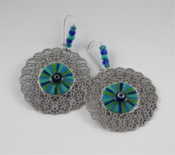 Teal Blue Floral Disc Earrings, Mediterranean Eye Catcher Boho Jewelry, Unique Hand Painted Evil Eye Art Ear Hangers, Gift for Girlfriend
