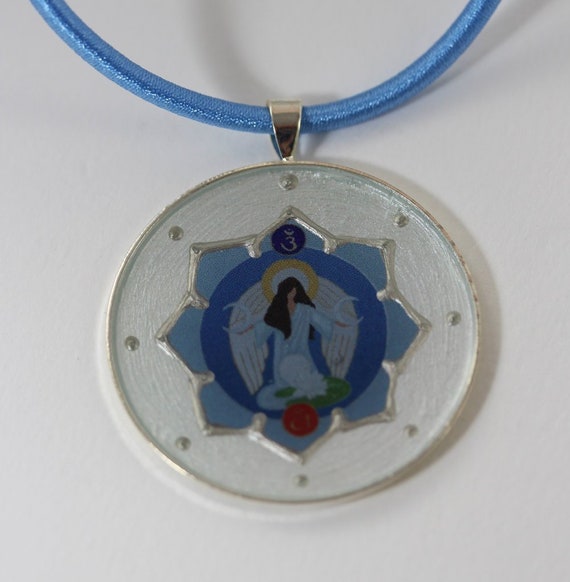 Moon Angel Necklace in Light Sky Blue with Archangel Haniel in Lotus Flower on Silk Cord, Angelic Jewelry in Blue and Gift Idea for Woman