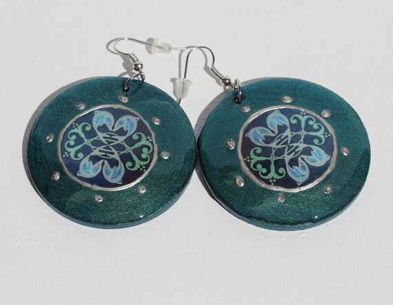 Chunky Wooden Disc Earrings in Teal Green Dark Blue with Coastal Dolphin Artworks, Love and Friendship Statement Boho Ear Jewelry for Her