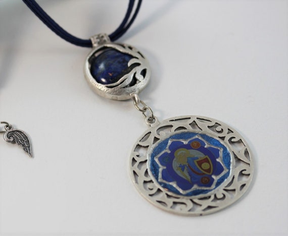 Unique Necklace with Lapis Lazuli and Archangel Michael in Floral Filigree Pendant on Silk Cord, Angel Jewelry for Her in Royal Blue