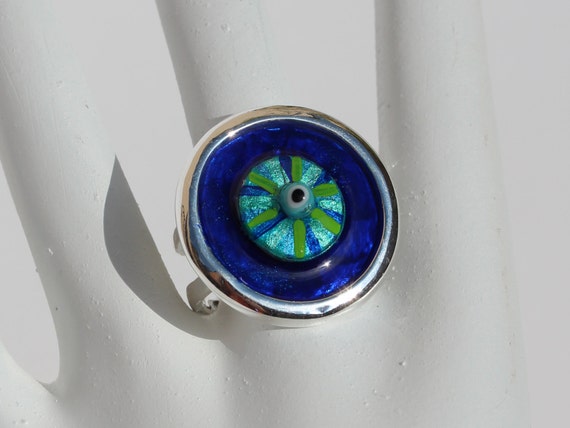 Ring with Mediterranean Good Luck Mati in Turquoise and Ocean Colors with Dark Blue, Hand Painted Evil Eye Jewelry and Gift for Her or Him