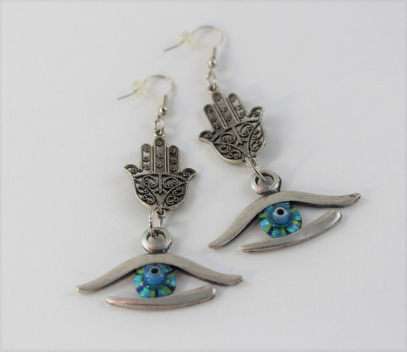 Earrings with Hamsa Fatima Hand, Evil Eye Good Luck Lucky Charm Ear Jewelry Hand Painted in Turquoise Teal Blue, Gift for Her