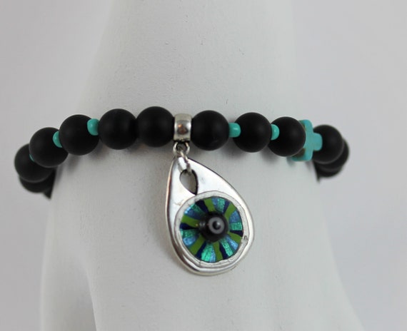 Black Onyx Bracelet with Mediterranean Mati Evil Eye Good Luck Charm and Cross, Beaded Gemstone Boho Jewelry and Gift Idea for Woman or Man