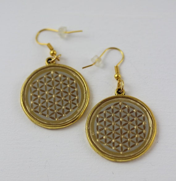 Positive Vibes Earrings with Flower of Life, Sacred Geometry Ear Jewelry Beige Golden, Holistic Symbol Spiritual Jewelry and Gift for Woman