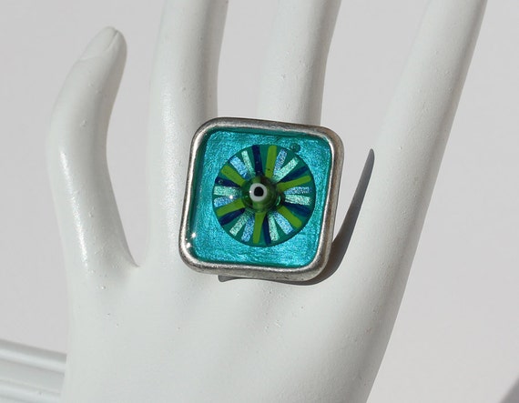 Teal Green Blue Ring with Mati Good Luck Eye in Square Bezel, Hand Painted Unique Talisman Jewelry for Her or Him, Birthday Gift for Friend