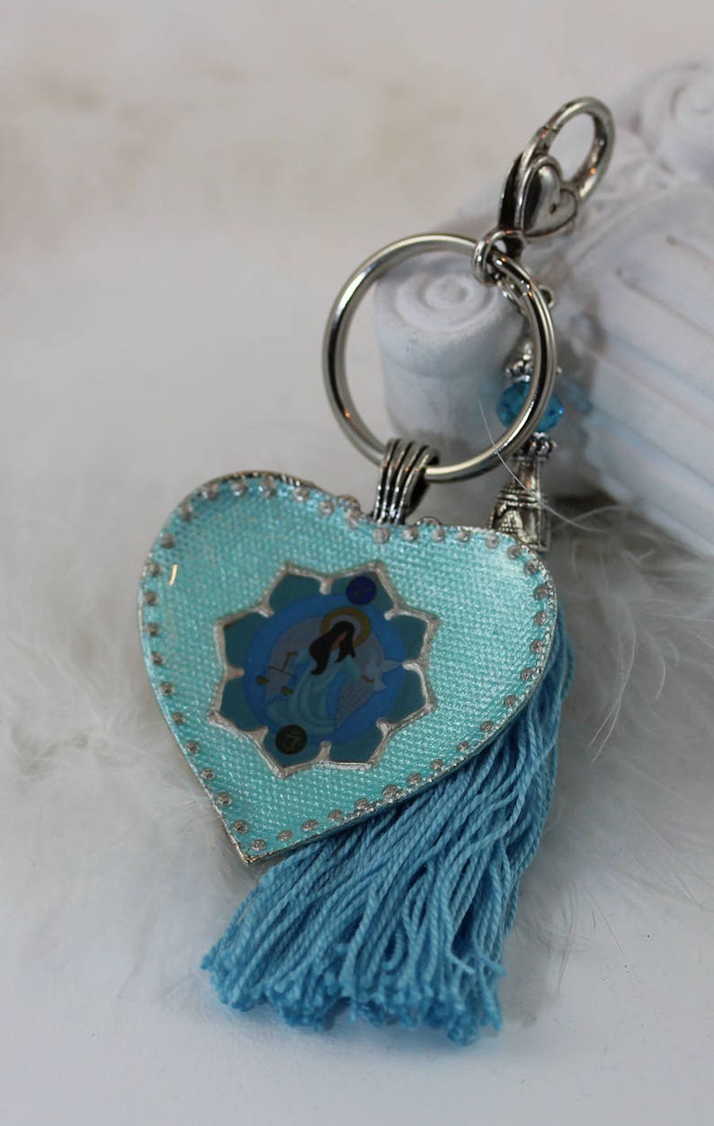 Heart Key Chain with Archangel Raguel in Mint Teal Aquamarine Blue Purse Good Luck Charm Zipper Clasp with Tassel and Guardian Angel