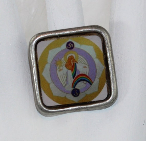 Square Ring with Archangel Raziel in Purple Rainbow, Angel Boho Statement Jewelry and Gift Idea for Her or Him