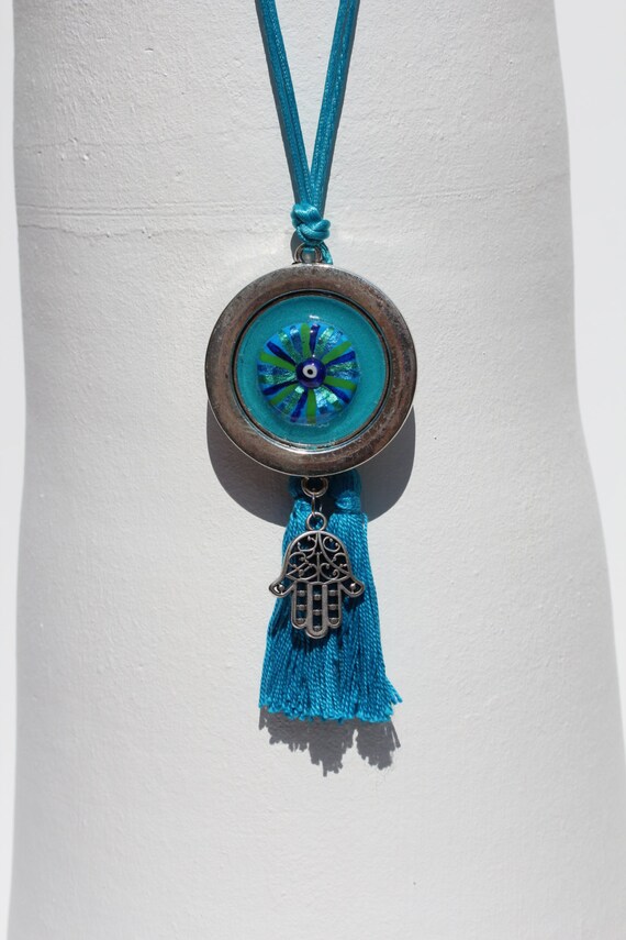 Long Teal Green Lariat Necklace with Tassels and Hamsa Hand of Fatima on Hand Painted Evil Eye art Pendant, Unique Womans Jewelry Turquoise