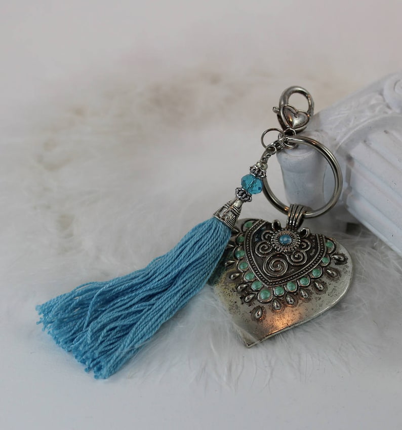 Heart Key Chain with Archangel Raguel in Mint Teal Aquamarine Blue Purse Good Luck Charm Zipper Clasp with Tassel and Guardian Angel
