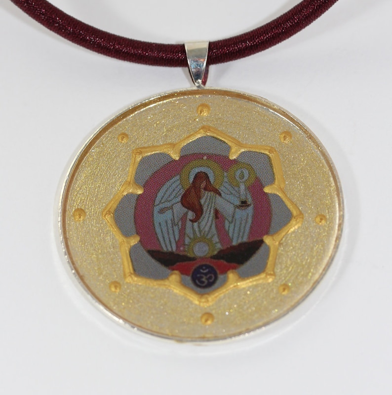 Hand Painted Archangel Azrael Pendant Jewelry and Gift Idea for Woman Elegant Angel Necklace in Beige Gold Pink with Brown Silk Cord
