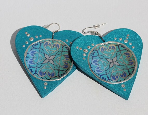 Big Turquoise Blue Heart Earrings with Dolphins, Chunky Soulmate Statement Ear Hanger Jewelry for Woman, Valentines Gift