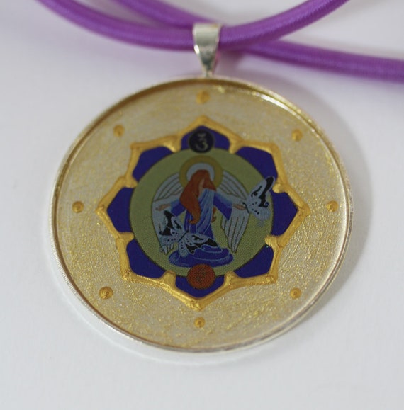 Necklace with Archangel Jeremiel in Light Yellow Pendant on Purple Silk Cord, Angel of Karma with Butterfly, Jewelry and Gift Idea for Women