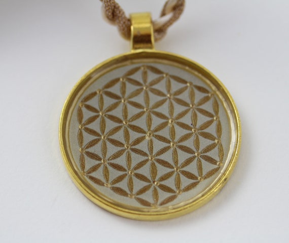 Chunky Flower of Life Pendant on Silky Cord, Sacred Geometry Necklace in Cream Beige Gold, Holistic Design Jewelry, Spiritual Gift for Her