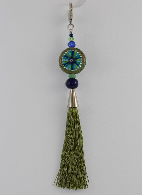 Evil Eye Art Purse Charm Eyecatcher, Chunky Tassel Key Chain with Mati and Tassel, Good Luck Decor for Home or Purse, Globetrotter Gift Idea