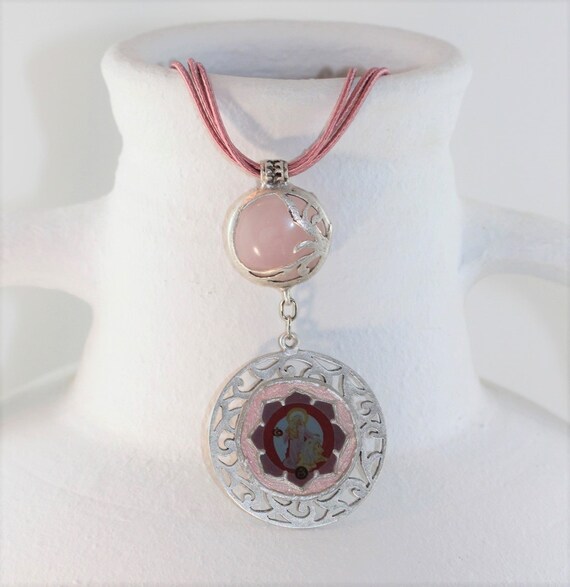 Artistic Necklace Rose Quartz and Archangel Ariel in Chunky Filigree Pendant on Silk Cord, Boho Angel and Gemstone Jewelry in Rose Pink