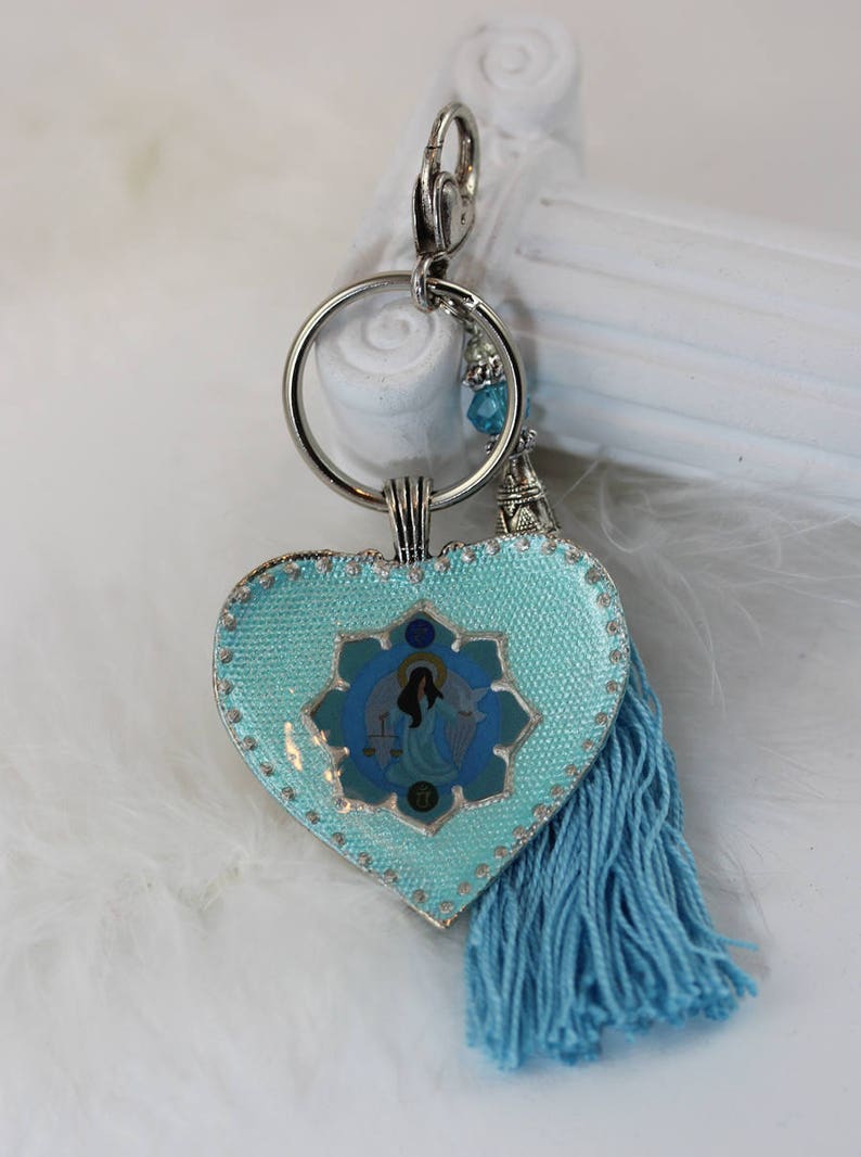 Heart Key Chain with Archangel Raguel in Mint Teal Aquamarine Blue Purse Good Luck Charm Zipper Clasp with Tassel and Guardian Angel