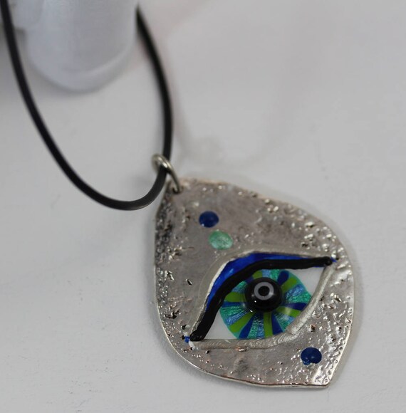 Casual Necklace with Hand Painted Mati Pendant on Rubber Cord, Evil Eye Art Good Luck Charm Jewelry for woman or Man, Gift for Traveller