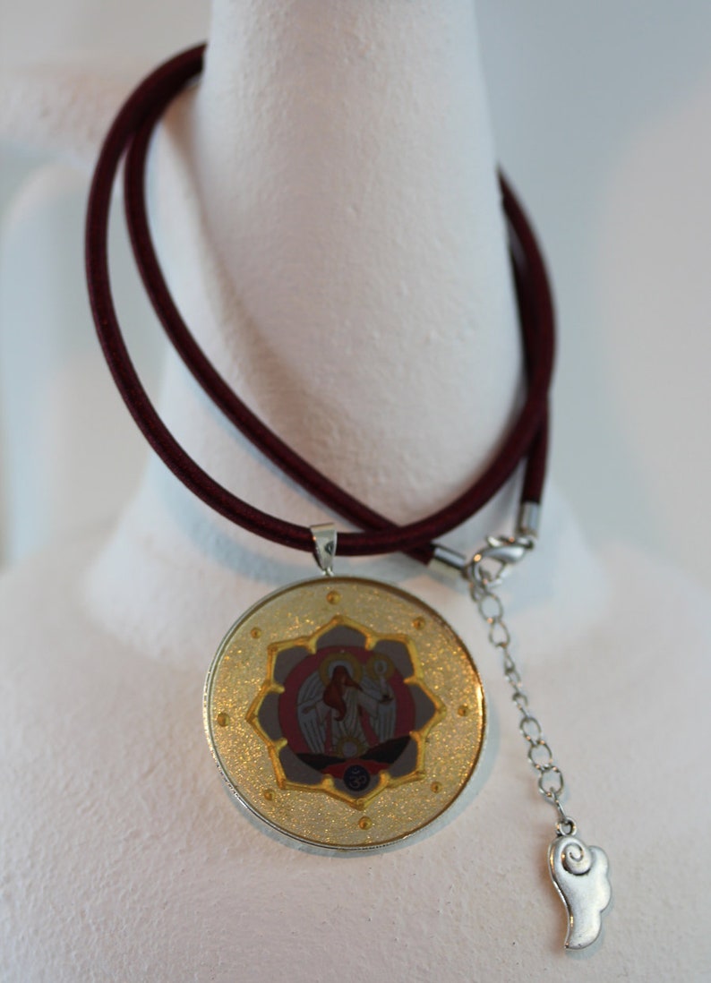Hand Painted Archangel Azrael Pendant Jewelry and Gift Idea for Woman Elegant Angel Necklace in Beige Gold Pink with Brown Silk Cord