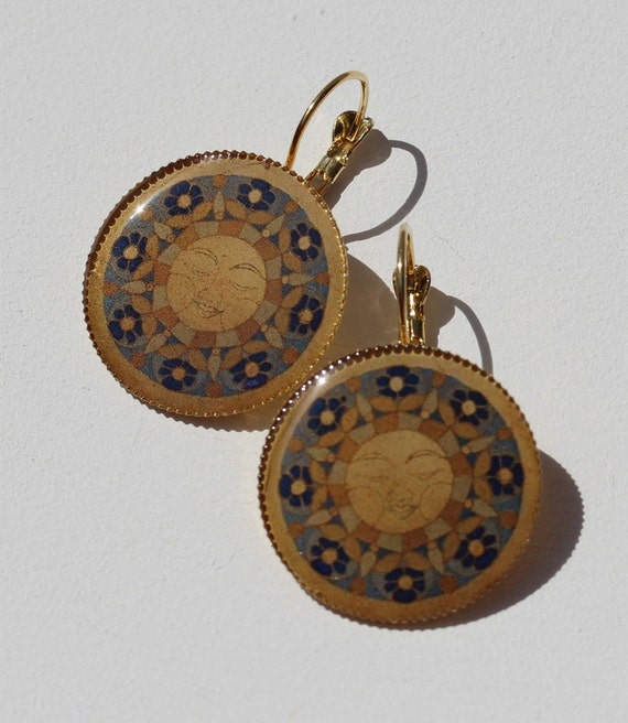 Circle Shaped Sun Earrings in Yellow Blue Golden, Maya Folklore Tribal Art Sunshine Mandala Ear Jewelry, Birthday Gift for Her