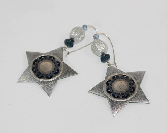 Star Earhangers with Moon Mandala, Goddess Jewelry for Her, Stardust Earrings in Blue Grey, Spiritual Maya Moon Cycle Art, Gift for Friend