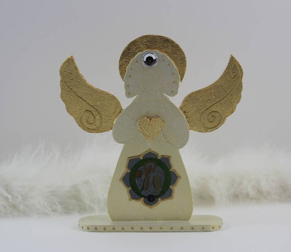 Archangel Metatron Home Decor with Leaf gilded Wings and Heart, Angel Figurine in Pearl Beige Gold, Good Luck Gift Idea, Wedding Decoration