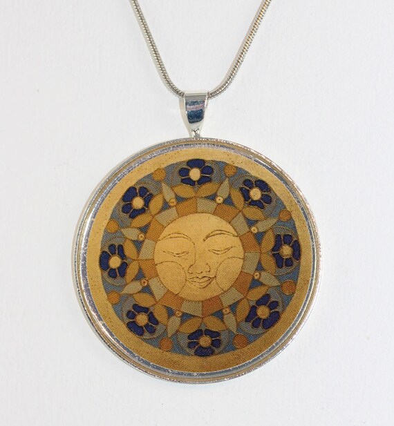 Silver Plated Necklace with Sun Circle Pendant, Tribal Maya Art Sunshine Mandala Jewelry, Festive Celestial Sunlight Boho Style Gift for Her
