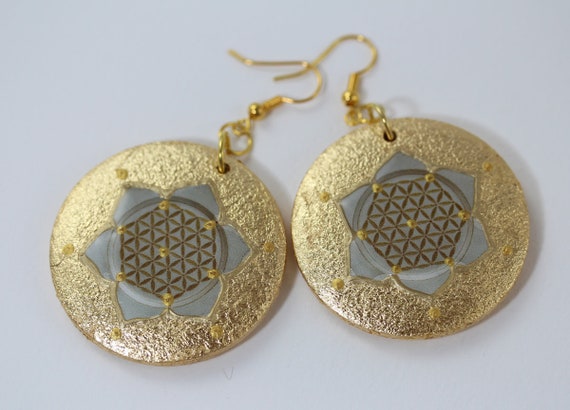 Leaf Gilded Earrings with Flower of Life in Cream White Gold, Spiritual Lotus Flower Ear Hangers, Sacred Geometry Jewelry Gift for Women