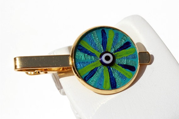 Hand Painted Tie Clip with Good Luck Mati in Turquoise Blue, Evil Eye Art Suit Accessory, Mediterranean Nazar Jewelry for Him