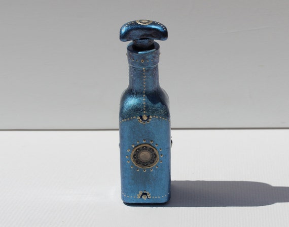 Square Moon Goddess Perfume Bottle, Glass Art Home Decor with Maya Art Mandala, Vase in Dark Blue Silver in Boho Style, Housewarming Gift