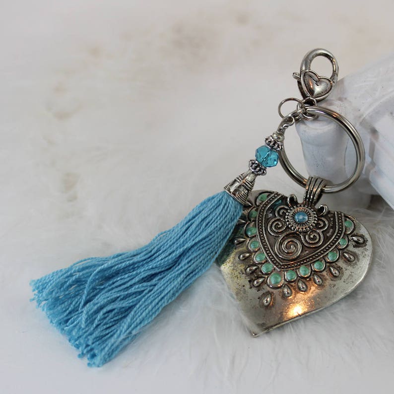 Heart Key Chain with Archangel Raguel in Mint Teal Aquamarine Blue Purse Good Luck Charm Zipper Clasp with Tassel and Guardian Angel