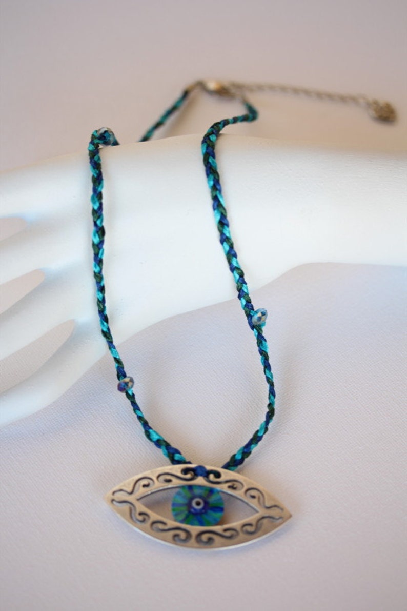 Eye of Hilarion Necklace 7-514 evil eye lucky good luck charm jewellery hand painted blue green teal silver pendant amulet talisman gift