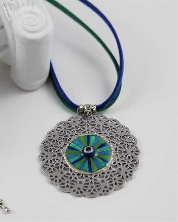 Floral Boho Style Necklace with Hand Painted Evil Eye Art Pendant, Turquoise Teal Blue Green Mediterranean Ocean Colors Lucky Charm Jewelry