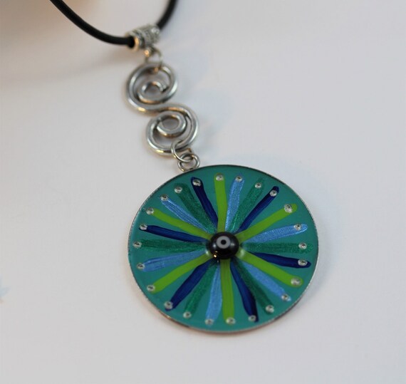 Necklace with Spiral and Hand Painted Mati Nazar Pendant, Evil Eye Art Jewelry and Gift Idea for Her and Him in Turquoise Blue Teal Green