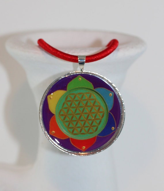 Colorful Necklace with Flower of Life Pendant on Red Silk Cord, Sacred Geometry Symbol Jewelry in Bright Chakra Rainbow Colors, Gift for Her