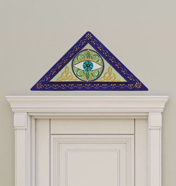 Triangle Wall Hanging with Mati Nazar in Celtic Circle, Guardian Talisman Door Crown, Evil Eye Art Painting in Blue Light Green Golden