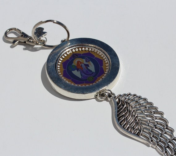 Angel with Violet Flame Key Fob with Chunky Wing, Archangel Zadkiel Good Luck Charm for Key or Purse, Gift for Best Friend and Housewarming