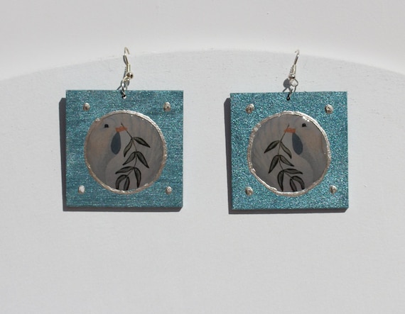 Chunky Square Earrings with White Dove Art, Unique Wooden Ear Jewelry in Light Denim Blue, Big Statement Earhangers with Peace Symbol