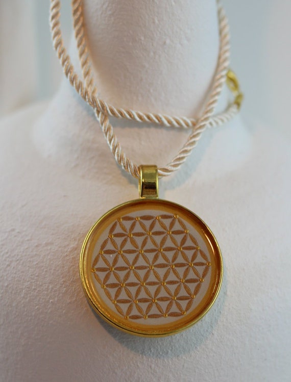 Elegant Necklace for Her with Flower of Life Pendant on Twisted Silky Cord, Artistic Sacred Geometry Art Jewelry for Woman, Gift for Healer