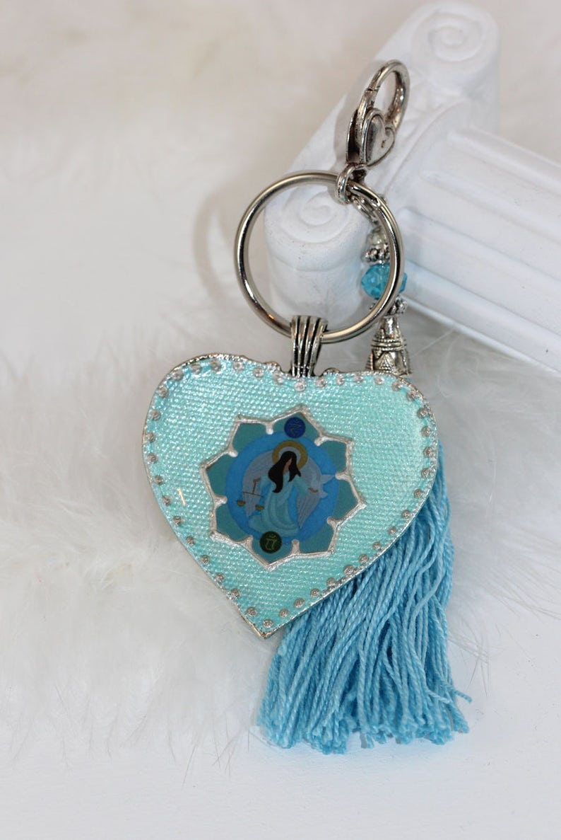 Heart Key Chain with Archangel Raguel in Mint Teal Aquamarine Blue Purse Good Luck Charm Zipper Clasp with Tassel and Guardian Angel