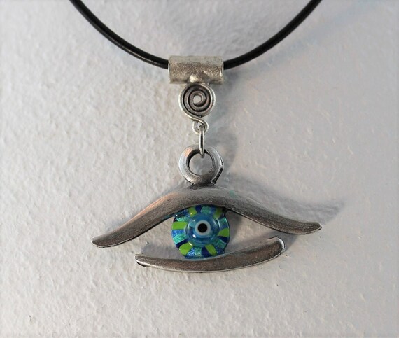 Necklace with Hand Painted Evil Eye Lucky Charm, Mediterranean Talisman Jewelry and Gift Idea for Her or Him in Teal Blue Green Turquoise