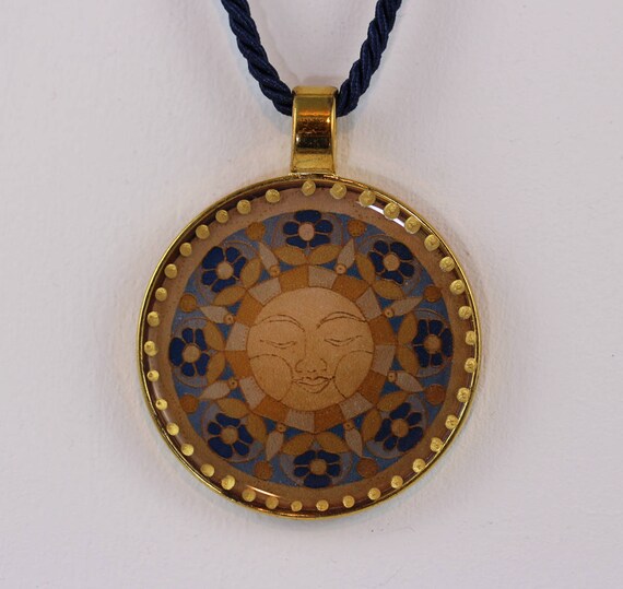 Necklace with Chunky Sun Pendant on Dark Blue Twisted Cord, Festive Maya Folklore Art Sunshine Mandala Jewelry, Boho Style Birthday Gift
