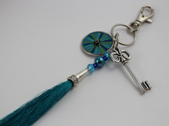 Teal Blue Tassel Key Fob or Zipper Clasp with Mati, Evil Eye Art Purse Charm in Turquoise, Good Luck Charm Gift for New Year or Housewarming