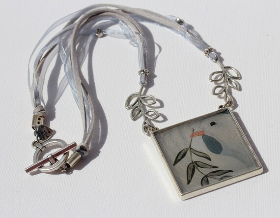 Elegant Necklace for Women with White Dove in Square Pendant on Soft Grey Silk Cord, Unique Peace Statement Jewelry for Her