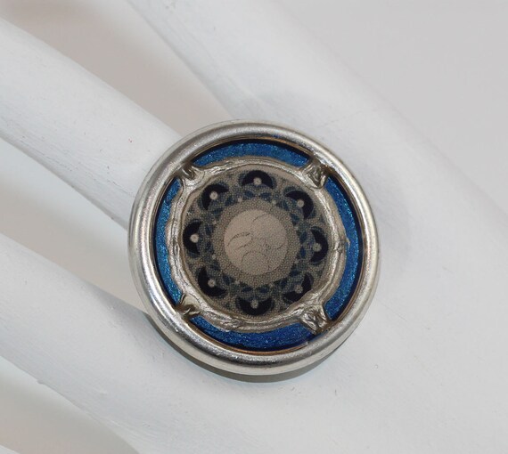 Chunky Ring with Moon Mandala in Grey Silver Blue in Round Frame, Unique Boho Goddess Statement Jewelry for Her