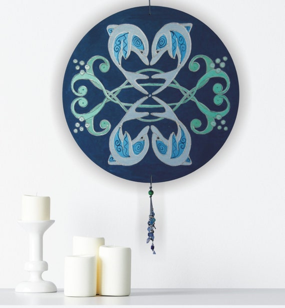 Dolfin Mandala Wall Hanging in Dark Blue Teal Green, Original Art Painting with Dolphins, Hand Painted Coastal Home Decor with Ocean Vibes
